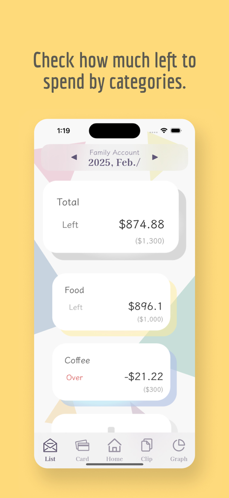Minus - Simple Money Manager - Interfaz de la aplicación Minus que muestra el presupuesto restante por categoría, incluyendo comida y café.