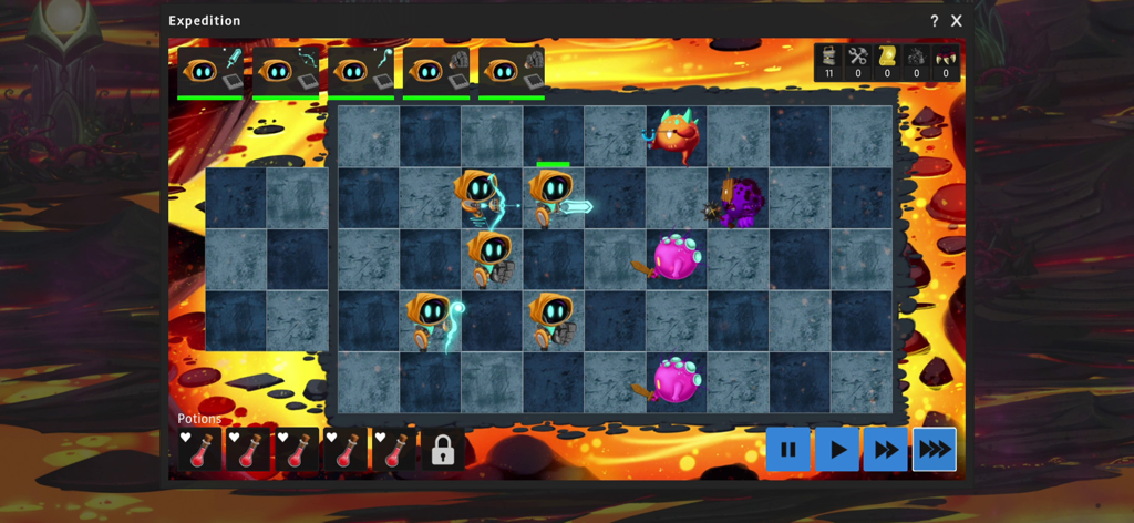 Illuminaria - Una pantalla de expedición táctica basada en cuadrícula en Illuminaria donde los robots luchan contra monstruos en un entorno de lava