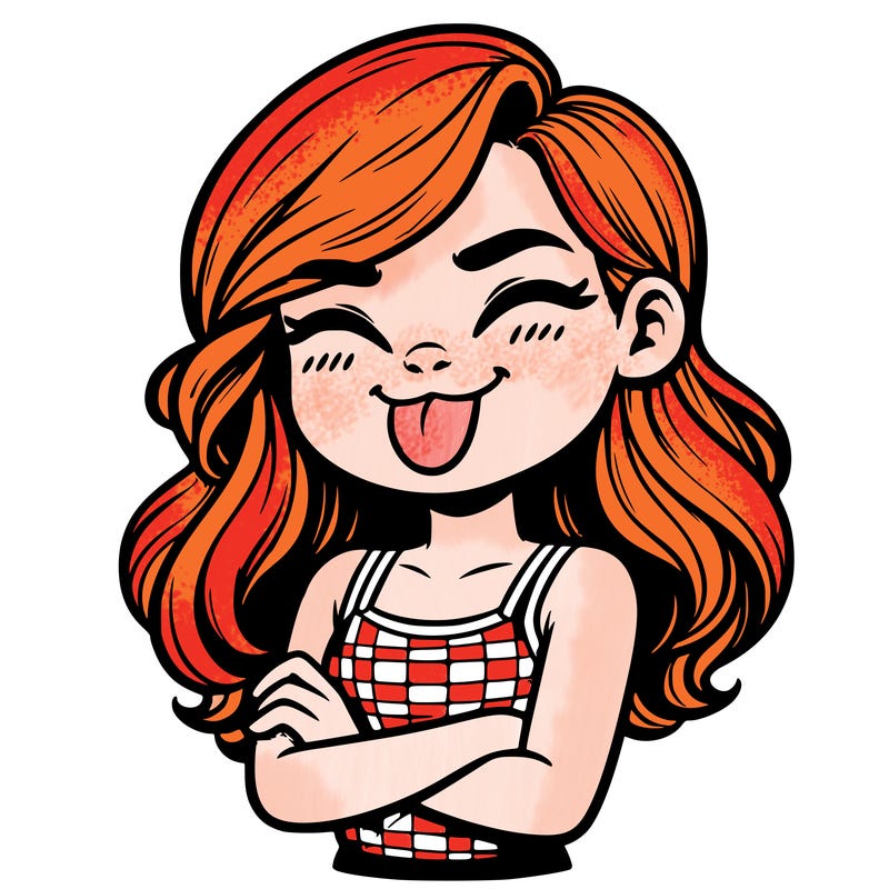 realistic girl crossing her arms and wearing a tank top with her tongue held out she has long hair