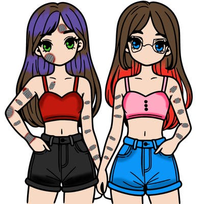 two sisters with crop tops and jean shorts and straight hair