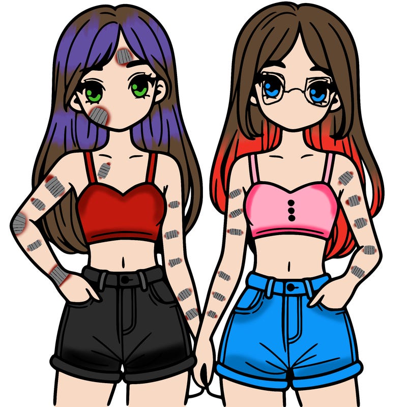 two sisters with crop tops and jean shorts and straight hair