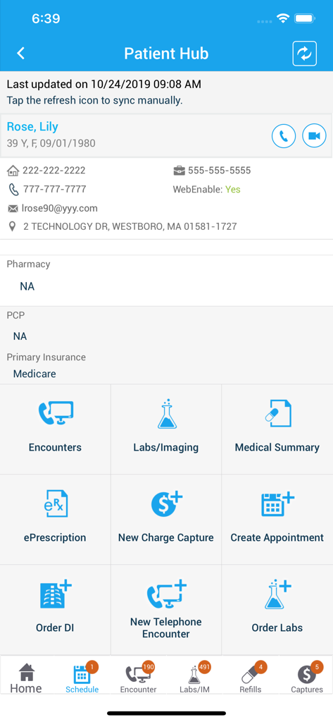 Mobile interface of the eClinicalMobile Patient Hub showing patient demographics and clinical action icons