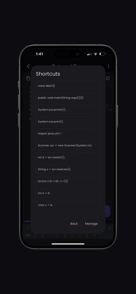 A mobile interface for the Java Compiler Pro app displaying a list of code shortcuts like main method and print statements