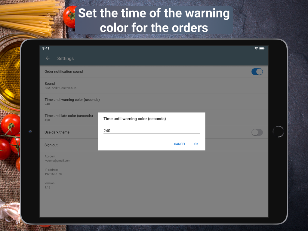 Menú de configuración de Loyverse KDS en un iPad para configurar el tiempo de color de advertencia de pedidos