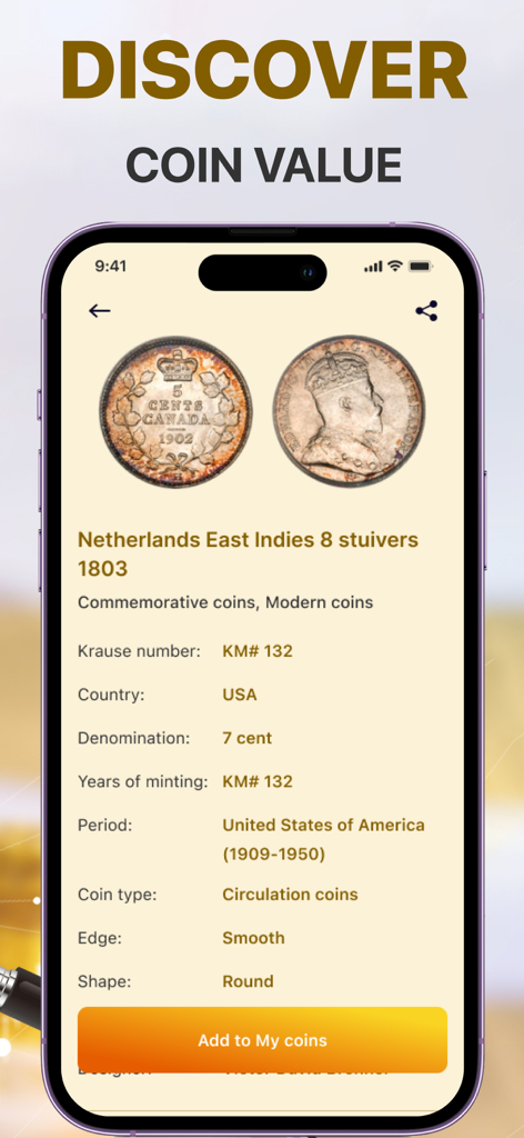 Snap: Coin Identifier - Écran d'application mobile affichant les détails d'identification de la pièce et les informations historiques