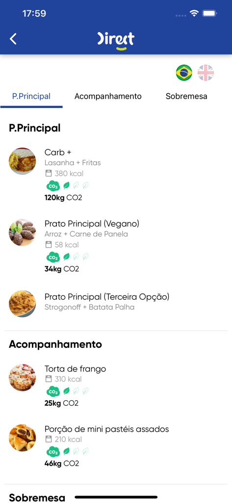 Sodexo Direct - Sodexo Direct app interface showing a food menu with calorie counts and carbon footprint indicators for each meal