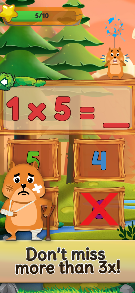 A multiplication quiz game screen for children featuring a bear mascot and math problems