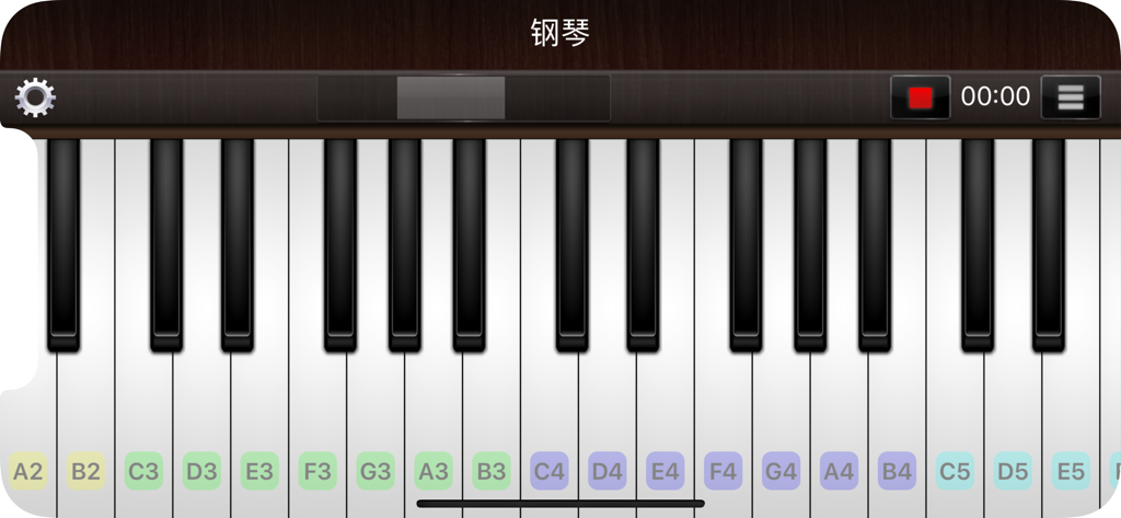 Interface of the Piano for iPhone app showing a virtual piano keyboard with labeled notes and a recording feature.