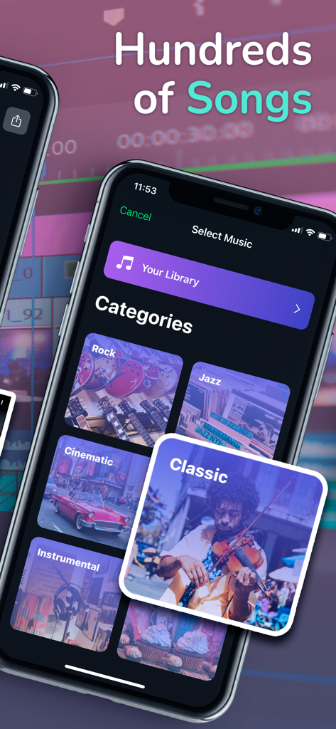 Add Music To Video Intro Maker - Interfaz de aplicación móvil que muestra categorías de música como Rock, Jazz y Clásica para edición de video.