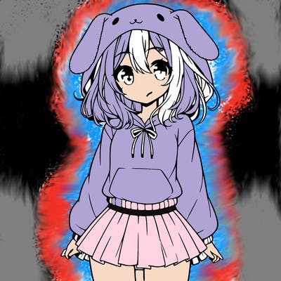 pretty anime girl wearing a fluffy hoodie with bunny ears on the hood and a skirt