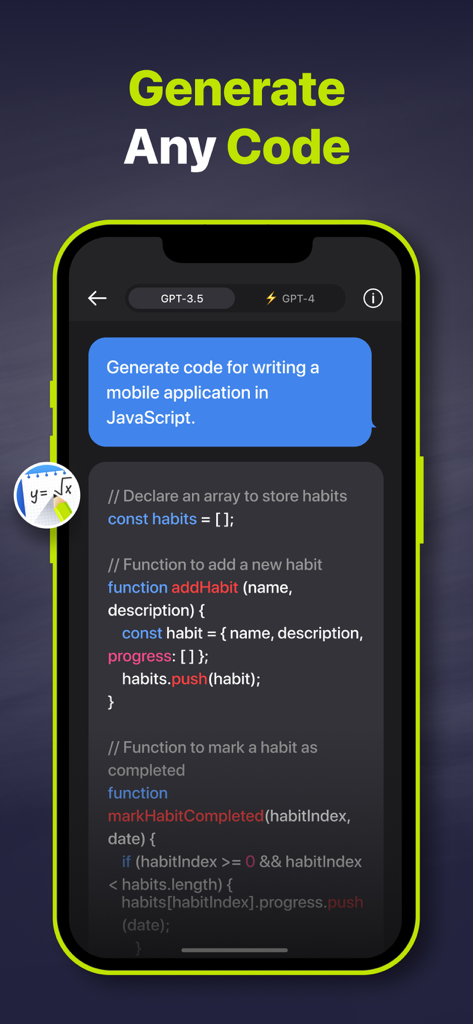 Smart Solver – AI Homework Aid - Smart Solver app interface showing AI generating JavaScript code for a mobile application