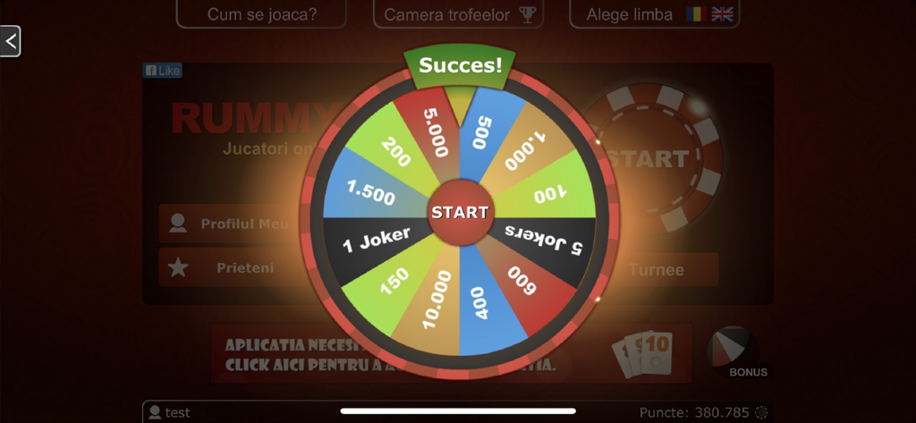Interfaccia della ruota dei premi giornalieri nell'app Rummy PRO che mostra punti e ricompense jolly