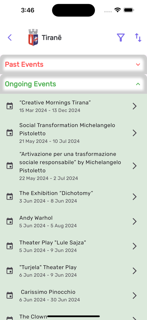 Screenshot of the TEA mobile app displaying a list of ongoing cultural events in Tirana Albania including art exhibitions and theater plays