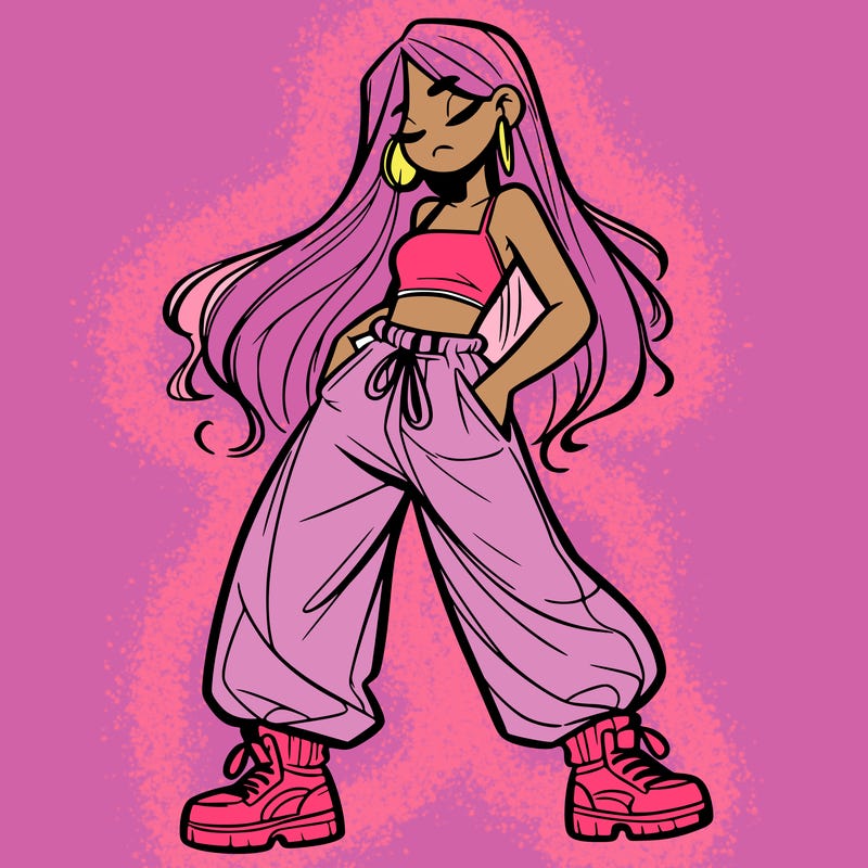 girl in baggy pants crop top and long hair