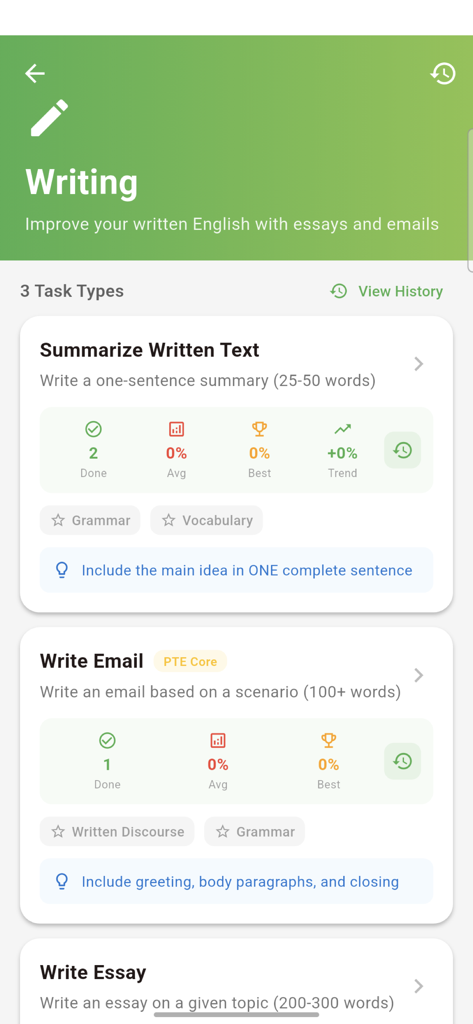 PTE Core 2026 Mock Exam - Writing section of the PTE Core 2026 app displaying practice tasks for summarize written text and write email with progress stats