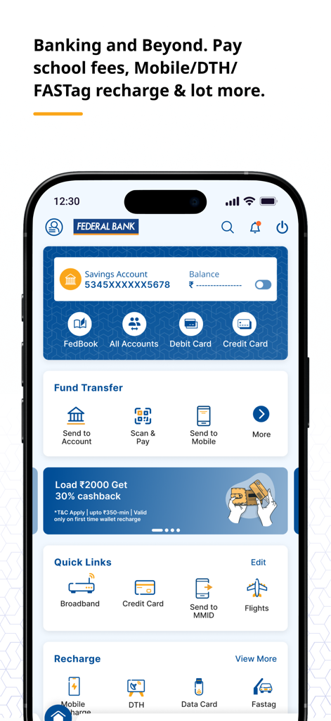 FedMobile app dashboard showing savings account information and financial services like fund transfers and bill payments