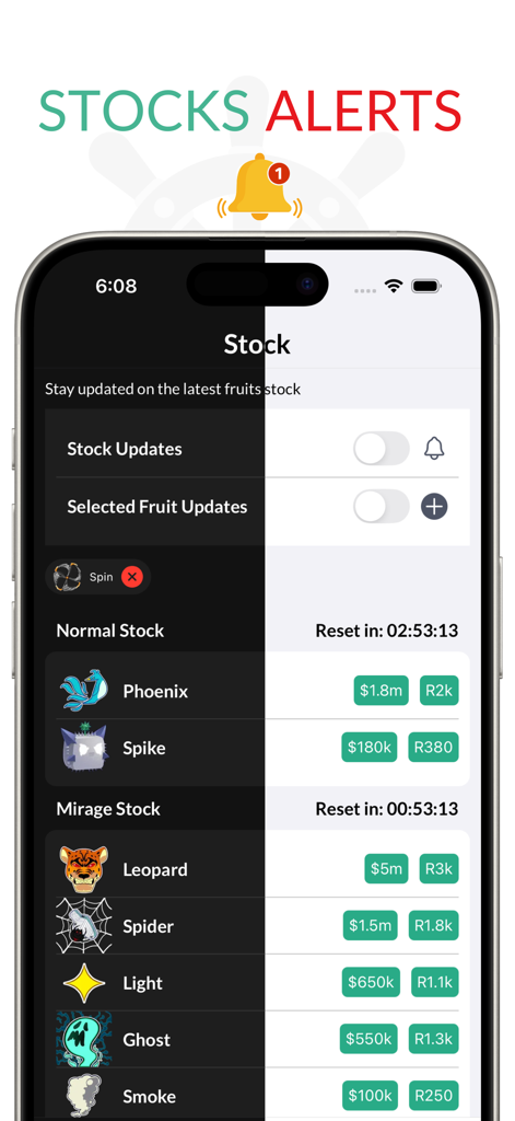 In-app screenshot of the Blox Fruits stock alerts and reset timers for Phoenix Leopard and other items.