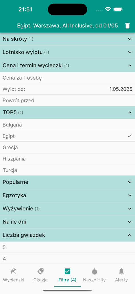 Mobile interface of the Lastminuter app showing search filters for vacation deals with destinations like Egypt and Bulgaria