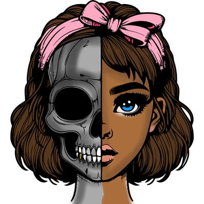 realistic girl with half skull mask