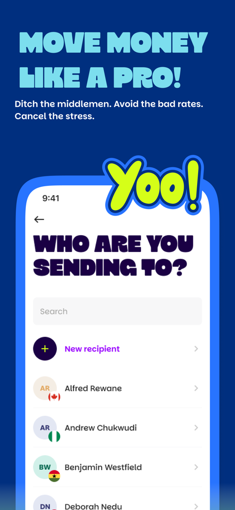 Misan by Bamboo: Pay & Send - Mobile app interface of Misan by Bamboo showing a list of recipients for global money transfers with country flags.