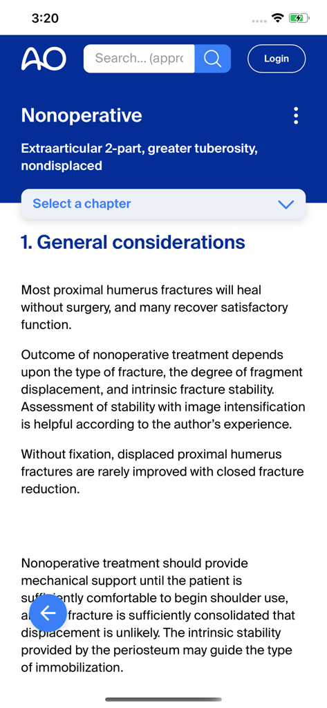 Clinical guidelines for nonoperative treatment of proximal humerus fractures in the AO Surgery Reference app.