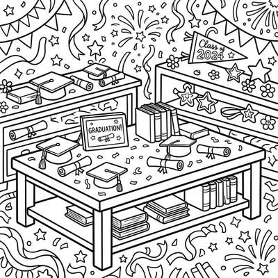 Commemorate a special milestone with this delightful coloring page featuring coffee tables laden with graduation symbols. From academic caps to rolled diplomas, immerse yourself in a scene ready for vibrant celebration.