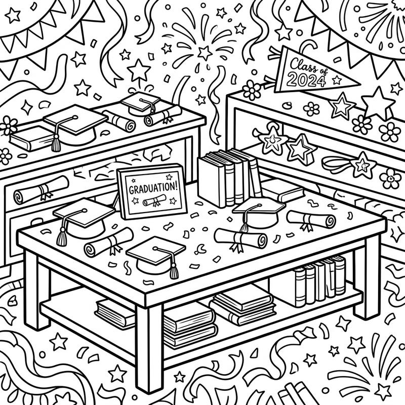 Commemorate a special milestone with this delightful coloring page featuring coffee tables laden with graduation symbols. From academic caps to rolled diplomas, immerse yourself in a scene ready for vibrant celebration.