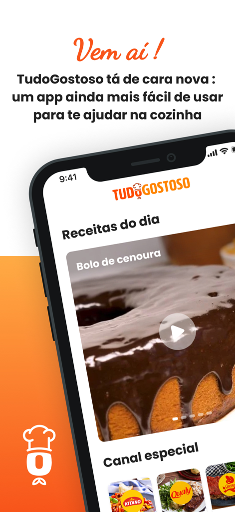 Smartphone screen displaying the TudoGostoso app with a Brazilian carrot cake recipe and new design announcement.