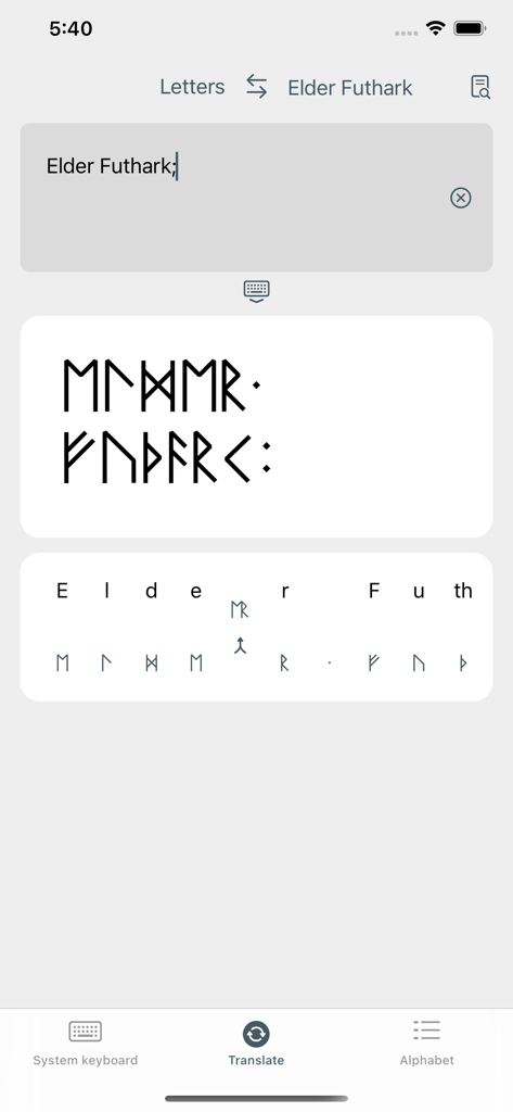 Interface of the Write in Runic app showing English text translated into Elder Futhark runes