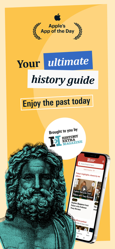 History Extra: Unlock the past - Banner promocional de la aplicación History Extra con un busto de estatua clásica y un teléfono inteligente mostrando contenido histórico.
