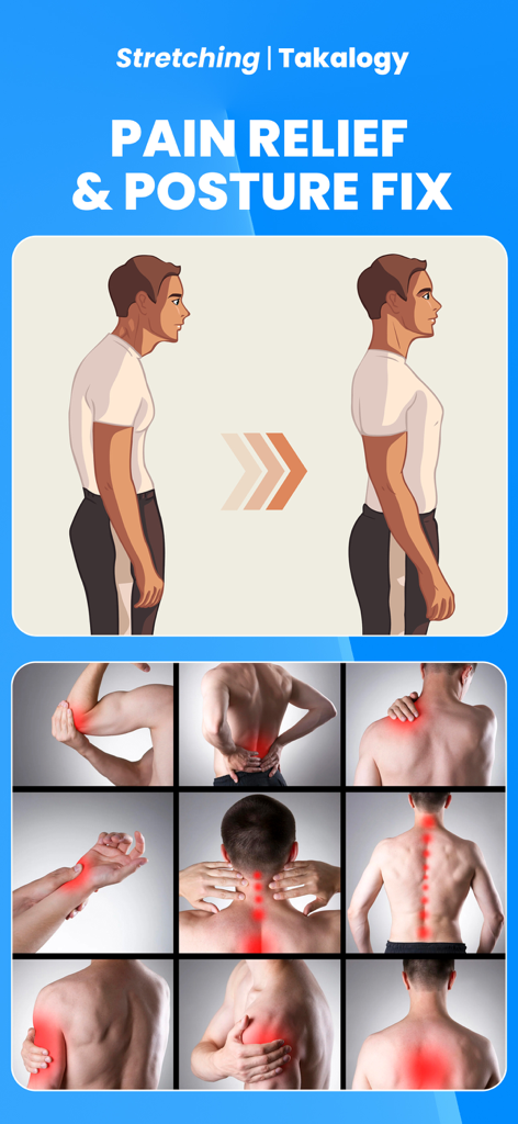 Stretch for Pain & Tension - Posture correction illustration and body pain point highlights for targeted stretching exercises.