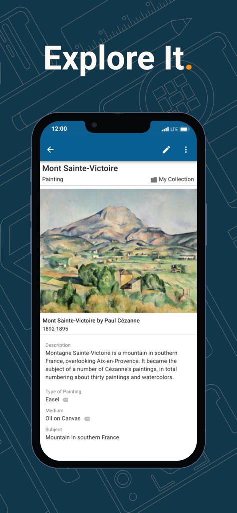 CatalogIt: Manage Collections - A smartphone showing a detailed art catalog entry for a Cézanne painting with professional fields and high quality image in the CatalogIt app