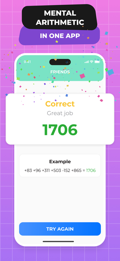 Matsy Abacus - A smartphone screen from the Matsy Abacus app showing a successful mental math calculation result with confetti and the word Correct.