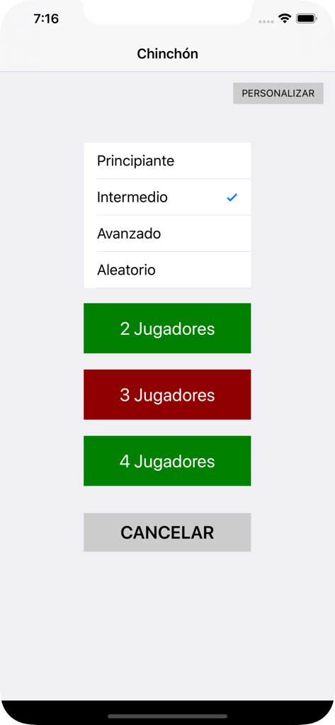 iChinchon - Setup screen for iChinchon showing options for difficulty levels and the number of players