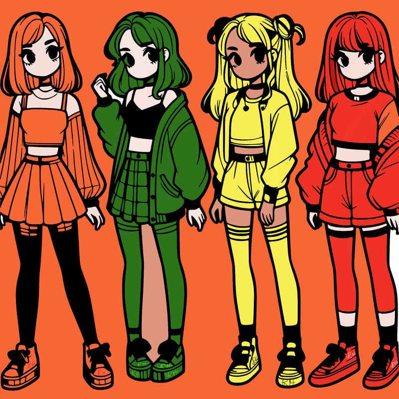 one girl with crop-top shirt and a jacket with a skirt, long socks and another girl with a shirt and pants with a jacket