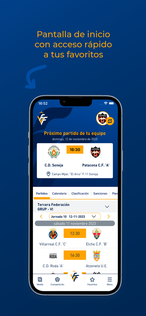 FFCV - Home screen of the FFCV app displaying upcoming soccer matches and quick access to favorite teams