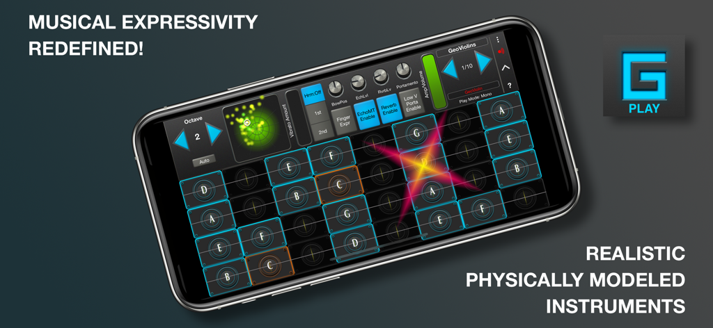 GeoShred Play app showing a diatonic keyboard interface on a smartphone screen.