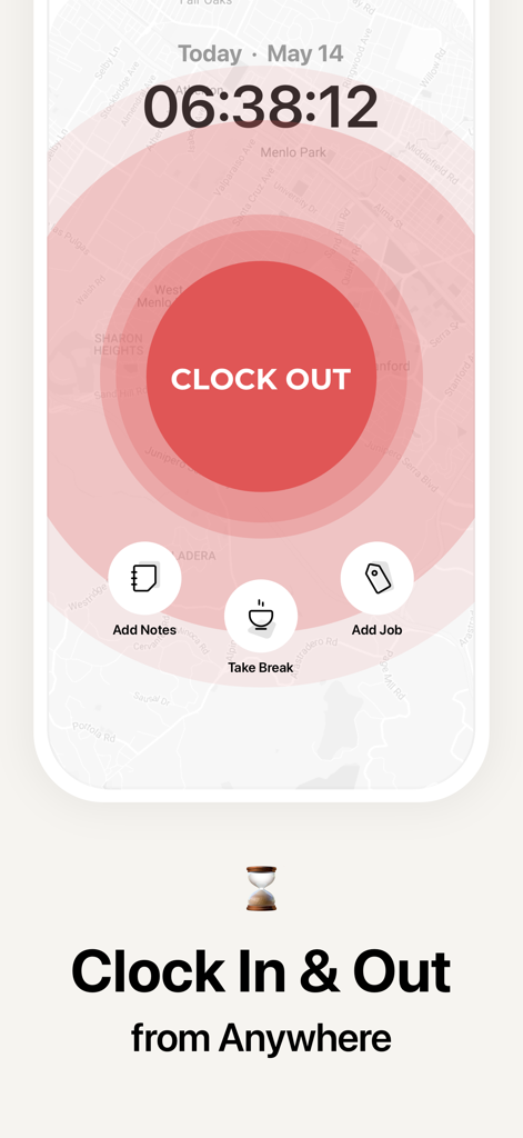 Mobile interface of the Atto app featuring a large clock out button with GPS location tracking for field employees.