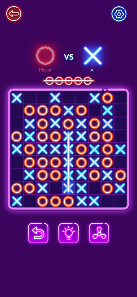 Gameplay di Tris neon su una grande griglia 9x9 con X blu luminose e O arancioni