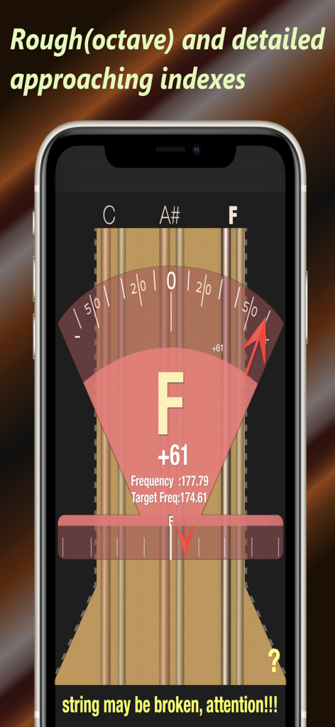 Baglama Tuner - Interfaz de la aplicación Baglama Tuner que muestra afinación de frecuencia de alta precisión y una advertencia de tensión de cuerda
