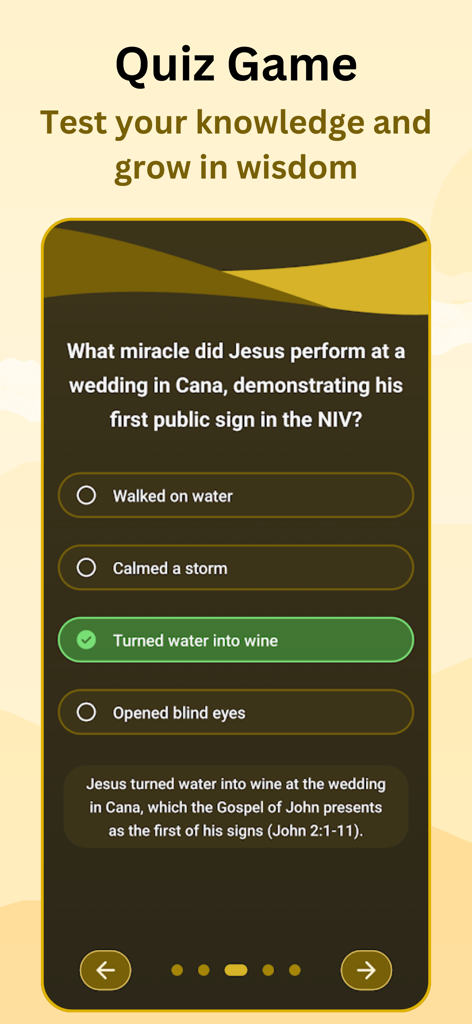 Torch - Bible Chat - Interface of the Torch Bible Chat app showing an interactive multiple choice quiz about biblical events.