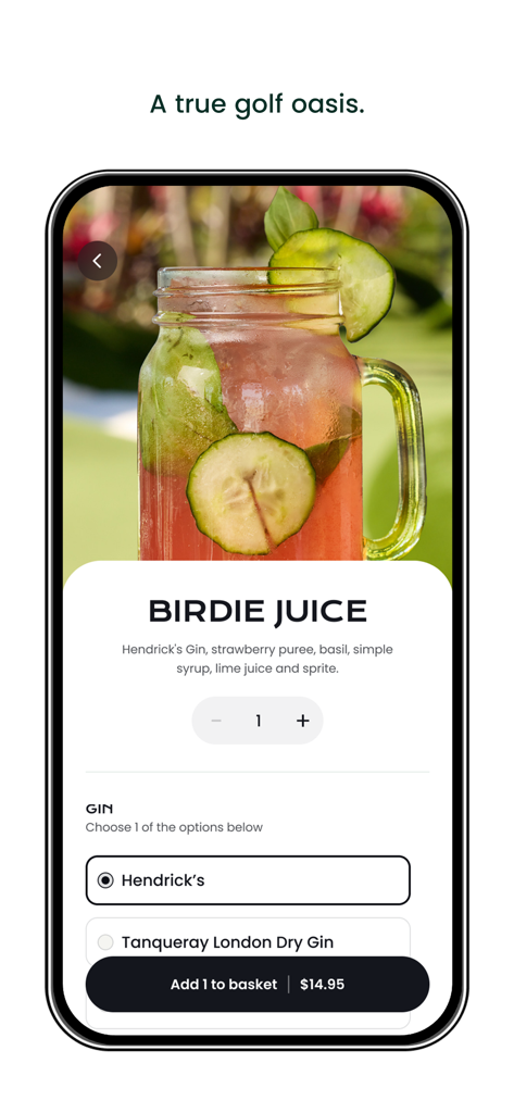 PopStroke - Mobile screen of the PopStroke app showing a Birdie Juice cocktail ordering page with price and customization options.