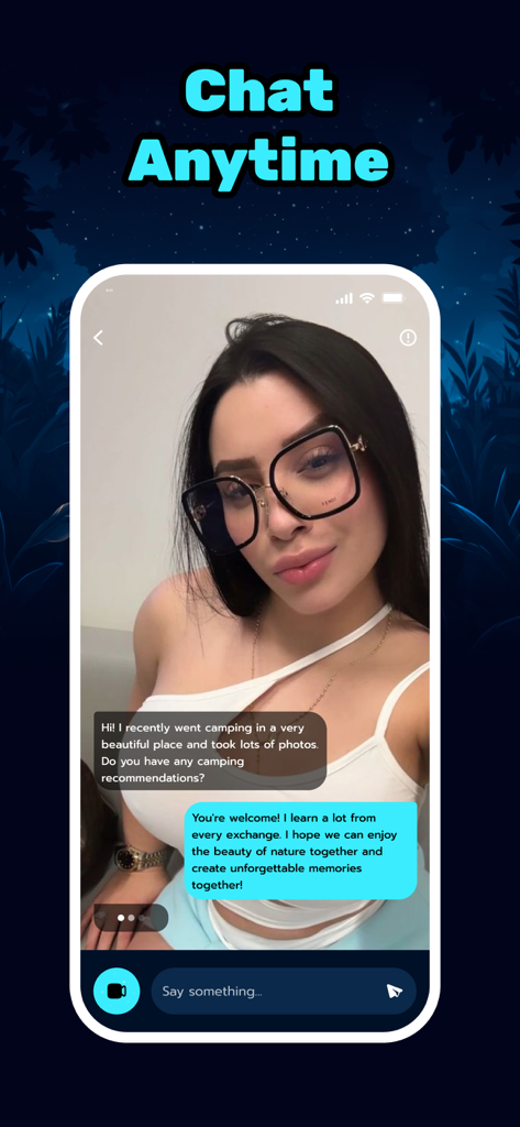 Synic: Video Chat & Call Fun - Smartphone screen displaying a video chat with an AI character in the Synic app.
