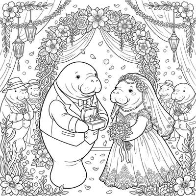 Witness an enchanting Amazonian manatee wedding as these gentle giants exchange vows in a beautifully adorned ceremony. This delightful coloring page captures a truly unique and heartwarming celebration of love.