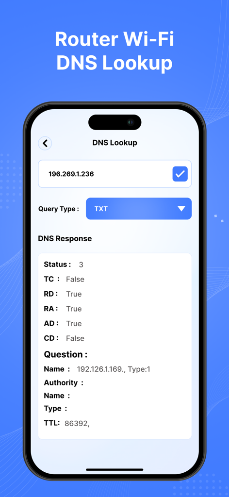 Schermo dello smartphone che mostra lo strumento di ricerca DNS all'interno dell'app "Tutte le Password WiFi del Router" con dettagli della query e stato della risposta