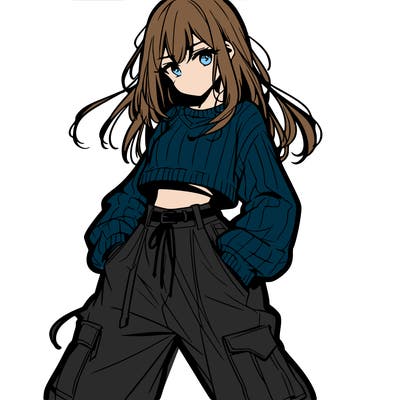 anime teen girl with baggy pants and crop top with sweater