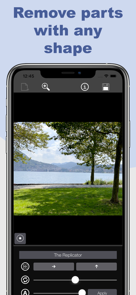 Replicator Tool - Clone Stamp - Captura de tela do iPhone do aplicativo Replicator Tool mostrando uma foto de paisagem sendo editada com controles precisos de carimbo de clonagem para remover objetos em qualquer forma