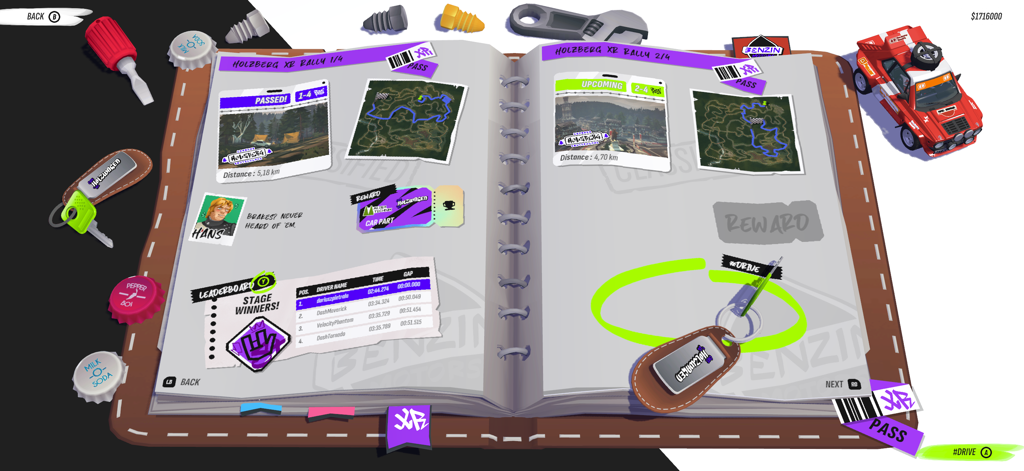 #DRIVE Rally - Un menú de estilo álbum de recortes retro en DRIVE Rally que muestra la tabla de clasificación del progreso de la carrera y las recompensas de piezas de coche.