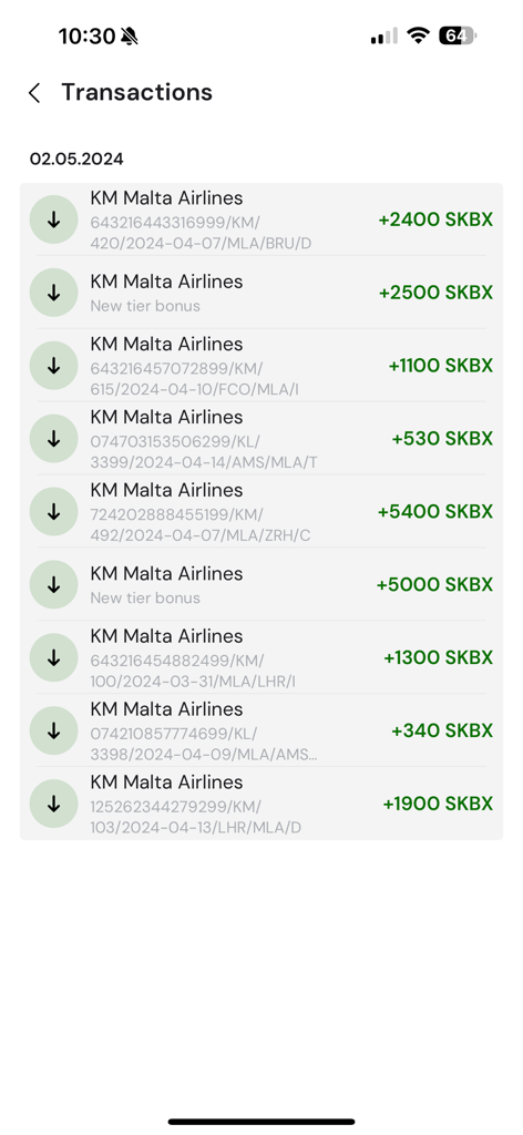 KM Rewards - A list of SkyBux transaction history in the KM Rewards app showing points earned from KM Malta Airlines flights and tier bonuses.