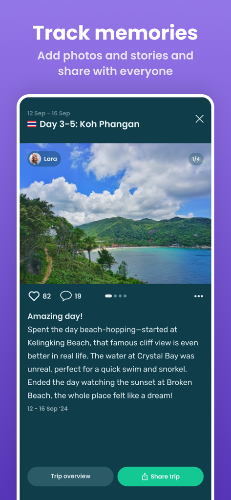 Oberfläche der Stippl Reiseplaner-App, die ein digitales Reisetagebuch mit einem Foto eines tropischen Strandes und einer Reisebeschreibung zeigt.